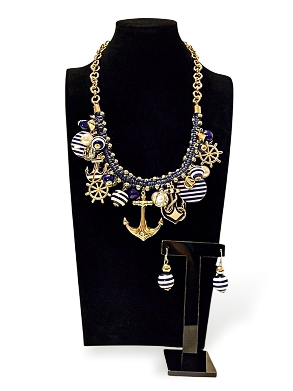 Nautical Anchor Helm Gold Tone Blue White Statement Charm Necklace Earrings Set